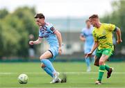 19 July 2025; Rhys Gourdie of Cobh Ramblers in action against Alex O'Callaghan of Bangor Celtic during the Sports Direct Men’s FAI Cup second round match between Bangor Celtic and Cobh Ramblers at Pearse Park in Crumlin, Dublin. Photo by Thomas Flinkow/Sportsfile