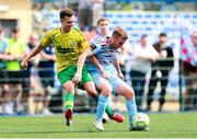 19 July 2025; Troy Stedman of Bangor Celtic in action against Jason Abbott of Cobh Ramblers during the Sports Direct Men’s FAI Cup second round match between Bangor Celtic and Cobh Ramblers at Pearse Park in Crumlin, Dublin. Photo by Thomas Flinkow/Sportsfile