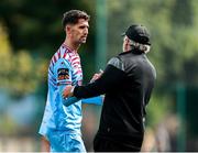 19 July 2025; Shane Griffin of Cobh Ramblers and manager Mick McDermott shake hands after their side's victory in the Sports Direct Men’s FAI Cup second round match between Bangor Celtic and Cobh Ramblers at Pearse Park in Crumlin, Dublin. Photo by Thomas Flinkow/Sportsfile