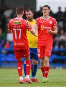 19 July 2025; John Martin, right, is congratulated by his Shelbourne team-mate Daniel Kelly after scoring their side's first goal during the Sports Direct Men’s FAI Cup second round match between Fairview Rangers and Shelbourne at Singland Park in Limerick. Photo by Stephen McCarthy/Sportsfile