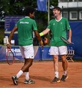 19 July 2025; Connor Gannon, from Leopardstown in Dublin, representing University of Memphis and Ireland, and Ammar Elamin, from Mullingar in Westmeath, representing Technological University Dublin and Ireland, compete in the men's doubles round of 32 match against Mert Alkaya and Tuncay Durant of Team Turkey during day three of the FISU World University Games 2025 at ETUF Tennisanlage in Essen, Germany. Photo by Shauna Clinton/Sportsfile