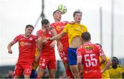 19 July 2025; Lewis Temple of Shelbourne in action against Jason Cross of Fairview Rangers during the Sports Direct Men’s FAI Cup second round match between Fairview Rangers and Shelbourne at Singland Park in Limerick. Photo by Stephen McCarthy/Sportsfile