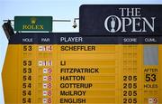 19 July 2025; The scoreboard is seen during day three of The 153rd Open Championship at Royal Portrush Golf Club in Portrush, Antrim. Photo by Ramsey Cardy/Sportsfile