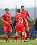 19 July 2025; Shelbourne players, from left, John Martin, Cillian Ryan and Sean Boyd celebrate after John Martin scored their side's third goal during the Sports Direct Men’s FAI Cup second round match between Fairview Rangers and Shelbourne at Singland Park in Limerick. Photo by Stephen McCarthy/Sportsfile
