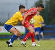 19 July 2025; Sean Boyd of Shelbourne in action against Jason Cross of Fairview Rangers during the Sports Direct Men’s FAI Cup second round match between Fairview Rangers and Shelbourne at Singland Park in Limerick. Photo by Stephen McCarthy/Sportsfile