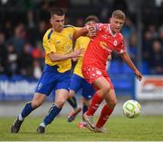 19 July 2025; James Bailey of Shelbourne in action against Tomás O'Connor of Fairview Rangers during the Sports Direct Men’s FAI Cup second round match between Fairview Rangers and Shelbourne at Singland Park in Limerick. Photo by Stephen McCarthy/Sportsfile