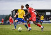 19 July 2025; Derin Adewale of Shelbourne in action against Josh McCarthy of Fairview Rangers during the Sports Direct Men’s FAI Cup second round match between Fairview Rangers and Shelbourne at Singland Park in Limerick. Photo by Stephen McCarthy/Sportsfile