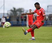 19 July 2025; Derin Adewale of Shelbourne crosses the ball in the build up to the third Shelbourne goal during the Sports Direct Men’s FAI Cup second round match between Fairview Rangers and Shelbourne at Singland Park in Limerick. Photo by Stephen McCarthy/Sportsfile