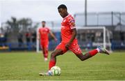 19 July 2025; Derin Adewale of Shelbourne crosses the ball in the build up to the third Shelbourne goal during the Sports Direct Men’s FAI Cup second round match between Fairview Rangers and Shelbourne at Singland Park in Limerick. Photo by Stephen McCarthy/Sportsfile