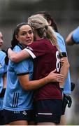 19 July 2025; Sinéad Goldrick of Dublin and Louise Ward of Galway after the TG4 All-Ireland Ladies Football Senior Championship semi-final match between Dublin and Galway at Glenisk O’Connor Park in Tullamore, Offaly. Photo by Piaras Ó Mídheach/Sportsfile
