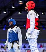 20 July 2025; Leroy Nsilu Dilandu, from Citywest in Dublin, representing Technological University Dublin and Ireland, in action against Isaiah Michael Young, representing University of North Carolina at Charlotte and Team USA, during the men's -80kg match on day four of the FISU World University Games 2025 at Messe Essen Halle in Essen, Germany. Photo by Shauna Clinton/Sportsfile