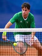 19 July 2025; Connor Gannon, from Leopardstown in Dublin, representing University of Memphis and Ireland, and Ammar Elamin, from Mullingar in Westmeath, representing Technological University Dublin and Ireland, compete in the men's doubles round of 32 match against Mert Alkaya and Tuncay Durant of Team Turkey during day three of the FISU World University Games 2025 at ETUF Tennisanlage in Essen, Germany. Photo by Shauna Clinton/Sportsfile
