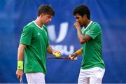 19 July 2025; Connor Gannon, from Leopardstown in Dublin, representing University of Memphis and Ireland, and Ammar Elamin, from Mullingar in Westmeath, representing Technological University Dublin and Ireland, compete in the men's doubles round of 32 match against Mert Alkaya and Tuncay Durant of Team Turkey during day three of the FISU World University Games 2025 at ETUF Tennisanlage in Essen, Germany. Photo by Shauna Clinton/Sportsfile