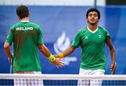19 July 2025; Connor Gannon, from Leopardstown in Dublin, representing University of Memphis and Ireland, and Ammar Elamin, from Mullingar in Westmeath, representing Technological University Dublin and Ireland, compete in the men's doubles round of 32 match against Mert Alkaya and Tuncay Durant of Team Turkey during day three of the FISU World University Games 2025 at ETUF Tennisanlage in Essen, Germany. Photo by Shauna Clinton/Sportsfile
