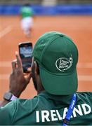 19 July 2025; Athlete Toluwabori Akinola looks on during men's doubles round of 32 match between Connor Gannon, from Leopardstown in Dublin, representing University of Memphis and Ireland, and Ammar Elamin, from Mullingar in Westmeath, representing Technological University Dublin and Ireland and Mert Alkaya and Tuncay Durant of Team Turkey on day three of the FISU World University Games 2025 at ETUF Tennisanlage in Essen, Germany. Photo by Shauna Clinton/Sportsfile
