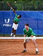 19 July 2025; Connor Gannon, from Leopardstown in Dublin, representing University of Memphis and Ireland, and Ammar Elamin, from Mullingar in Westmeath, representing Technological University Dublin and Ireland, compete in the men's doubles round of 32 match against Mert Alkaya and Tuncay Durant of Team Turkey during day three of the FISU World University Games 2025 at ETUF Tennisanlage in Essen, Germany. Photo by Shauna Clinton/Sportsfile