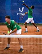 19 July 2025; Connor Gannon, from Leopardstown in Dublin, representing University of Memphis and Ireland, and Ammar Elamin, from Mullingar in Westmeath, representing Technological University Dublin and Ireland, compete in the men's doubles round of 32 match against Mert Alkaya and Tuncay Durant of Team Turkey during day three of the FISU World University Games 2025 at ETUF Tennisanlage in Essen, Germany. Photo by Shauna Clinton/Sportsfile