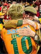 19 July 2025; Tom Lynagh of Australia with his grandfather Dr Ian Lynagh after the first test match between Australia and the British & Irish Lions at Suncorp Stadium in Brisbane, Australia. Photo by Brendan Moran/Sportsfile