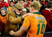 19 July 2025; Tom Lynagh of Australia with grandparents Dr Ian Lynagh and Marie Lynagh, after the first test match between Australia and the British & Irish Lions at Suncorp Stadium in Brisbane, Australia. Photo by Brendan Moran/Sportsfile