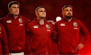 19 July 2025; British & Irish Lions players, from left, Tommy Freeman, Ben Earl and Rónan Kelleher before the first test match between Australia and the British & Irish Lions at Suncorp Stadium in Brisbane, Australia. Photo by Brendan Moran/Sportsfile