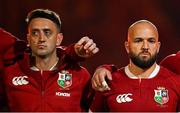19 July 2025; British & Irish Lions players Alex Mitchell, left, and Jamison Gibson-Park before the first test match between Australia and the British & Irish Lions at Suncorp Stadium in Brisbane, Australia. Photo by Brendan Moran/Sportsfile