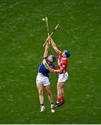 20 July 2025; Jason Forde of Tipperary in action against Seán O'Donoghue of Cork during the GAA Hurling All-Ireland Senior Championship final match between Cork and Tipperary at Croke Park in Dublin. Photo by David Fitzgerald/Sportsfile
