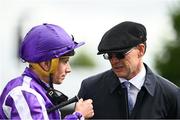 20 July 2025; Trainer Aidan O'Brien with Ryan Moore after winning the Romanised Minstrel Stakes with Diego Velazquez during day two of the Juddmonte Irish Oaks Weekend at The Curragh Racecourse in Kildare. Photo by Matt Browne/Sportsfile