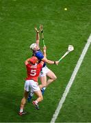 20 July 2025; Eoghan Connolly of Tipperary in action against Ciarán Joyce of Cork during the GAA Hurling All-Ireland Senior Championship final match between Cork and Tipperary at Croke Park in Dublin. Photo by Daire Brennan/Sportsfile