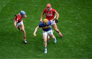 20 July 2025; Jake Morris of Tipperary in action against Diarmuid Healy and Ciarán Joyce of Cork during the GAA Hurling All-Ireland Senior Championship final match between Cork and Tipperary at Croke Park in Dublin. Photo by Daire Brennan/Sportsfile