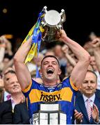 20 July 2025; Tipperary captain Ronan Maher lifts the Liam MacCarthy cup after the GAA Hurling All-Ireland Senior Championship final match between Cork and Tipperary at Croke Park in Dublin. Photo by Stephen McCarthy/Sportsfile