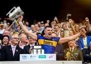 20 July 2025; Ronan Maher of Tipperary lifts the Liam MacCarthy Cup after his side's victory in the GAA Hurling All-Ireland Senior Championship final match between Cork and Tipperary at Croke Park in Dublin. Photo by Stephen McCarthy/Sportsfile