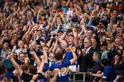 20 July 2025; Tipperary captain Ronan Maher lifts the Liam MacCarthy cup after during the GAA Hurling All-Ireland Senior Championship final match between Cork and Tipperary at Croke Park in Dublin. Photo by Seb Daly/Sportsfile