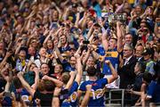 20 July 2025; Tipperary captain Ronan Maher lifts the Liam MacCarthy cup after during the GAA Hurling All-Ireland Senior Championship final match between Cork and Tipperary at Croke Park in Dublin. Photo by Seb Daly/Sportsfile