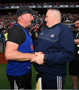20 July 2025; Tipperary manager Liam Cahill, left, shakes hands with Cork manager Pat Ryan after the GAA Hurling All-Ireland Senior Championship final match between Cork and Tipperary at Croke Park in Dublin. Photo by Seb Daly/Sportsfile