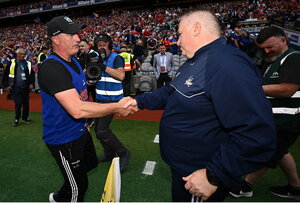 20 July 2025; Tipperary manager Liam Cahill, left, shakes hands with Cork manager Pat Ryan after the GAA Hurling All-Ireland Senior Championship final match between Cork and Tipperary at Croke Park in Dublin. Photo by Seb Daly/Sportsfile