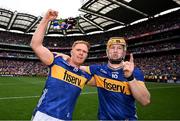 20 July 2025; Tipperary players, from left, Jason Forde and Jake Morris celebrate after their side's victory in the GAA Hurling All-Ireland Senior Championship final match between Cork and Tipperary at Croke Park in Dublin. Photo by Seb Daly/Sportsfile