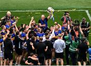 20 July 2025; Tipperary manager Liam Cahill is lifted by his players as he celebrates with the Liam MacCarthy Cup after his side's victory in the GAA Hurling All-Ireland Senior Championship final match between Cork and Tipperary at Croke Park in Dublin. Photo by David Fitzgerald/Sportsfile