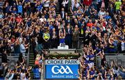 20 July 2025; Tipperary captain Ronan Maher lifts the Liam MacCarthy cup after his side's victory in the GAA Hurling All-Ireland Senior Championship final match between Cork and Tipperary at Croke Park in Dublin. Photo by David Fitzgerald/Sportsfile