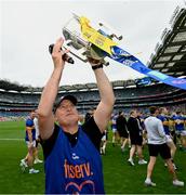 20 July 2025; Tipperary manager Liam Cahill celebrates with the Liam MacCarthy cup after the GAA Hurling All-Ireland Senior Championship final match between Cork and Tipperary at Croke Park in Dublin. Photo by Stephen McCarthy/Sportsfile