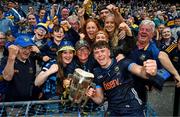 20 July 2025; Tipperary goalkeeper Rhys Shelly celebrates with his family and the Liam MacCarthy Cup after his side's victory in the GAA Hurling All-Ireland Senior Championship final match between Cork and Tipperary at Croke Park in Dublin. Photo by Stephen McCarthy/Sportsfile