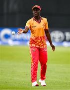 20 July 2025; Lindokuhle Mahbera of Zimbabwe during match one of the Women's T20 International Series between Ireland and Zimbabwe at Pembroke Cricket Club in Dublin. Photo by Ben McShane/Sportsfile