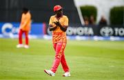 20 July 2025; Lindokuhle Mahbera of Zimbabwe during match one of the Women's T20 International Series between Ireland and Zimbabwe at Pembroke Cricket Club in Dublin. Photo by Ben McShane/Sportsfile