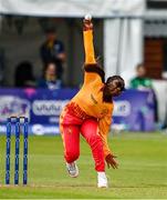 20 July 2025; Tendai Antonate Makusha of Zimbabwe bowls during match one of the Women's T20 International Series between Ireland and Zimbabwe at Pembroke Cricket Club in Dublin. Photo by Ben McShane/Sportsfile