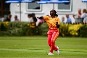 20 July 2025; Chiyedza Teresia Dhururu of Zimbabwe during match one of the Women's T20 International Series between Ireland and Zimbabwe at Pembroke Cricket Club in Dublin. Photo by Ben McShane/Sportsfile