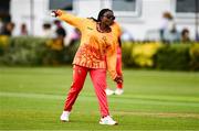 20 July 2025; Loreen Tshuma of Zimbabwe during match one of the Women's T20 International Series between Ireland and Zimbabwe at Pembroke Cricket Club in Dublin. Photo by Ben McShane/Sportsfile
