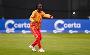 20 July 2025; Melis Tanyaradzwa Ndhlovu of Zimbabwe during match one of the Women's T20 International Series between Ireland and Zimbabwe at Pembroke Cricket Club in Dublin. Photo by Ben McShane/Sportsfile
