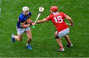 20 July 2025; Eoghan Connolly of Tipperary in action against Brian Hayes of Cork during the GAA Hurling All-Ireland Senior Championship final match between Cork and Tipperary at Croke Park in Dublin.