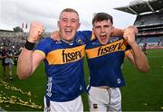 20 July 2025; Tipperary players Eoghan Connolly, left, and Sam O’Farrell celebrates after their side's victory in the GAA Hurling All-Ireland Senior Championship final match between Cork and Tipperary at Croke Park in Dublin. Photo by Seb Daly/Sportsfile