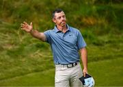 20 July 2025; Rory McIlroy of Northern Ireland acknowledges supporters on the 18th green during the final round of The 153rd Open Championship at Royal Portrush Golf Club in Portrush, Antrim. Photo by Ramsey Cardy/Sportsfile