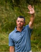 20 July 2025; Rory McIlroy of Northern Ireland acknowledges supporters on the 18th green during the final round of The 153rd Open Championship at Royal Portrush Golf Club in Portrush, Antrim. Photo by Ramsey Cardy/Sportsfile